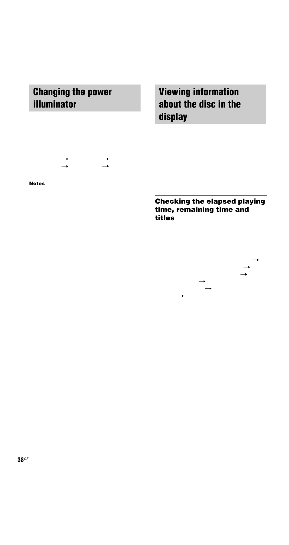 Changing the power illuminator, Viewing information about the disc in the display, In the display | Sony MHC-GNX66 User Manual | Page 38 / 56