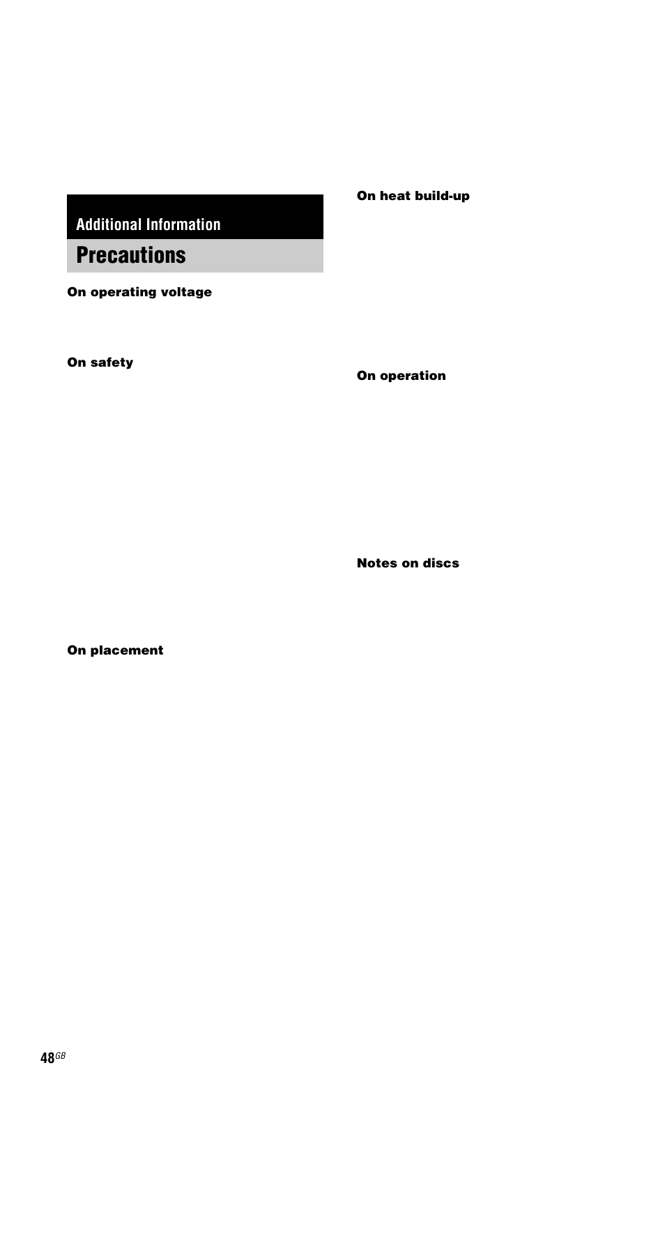 Additional information, Precautions | Sony MHC-GNX66 User Manual | Page 48 / 56
