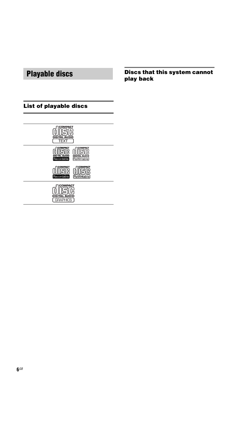 Playable discs, List of playable discs, Discs that this system cannot play back | Sony MHC-GNX66 User Manual | Page 6 / 56