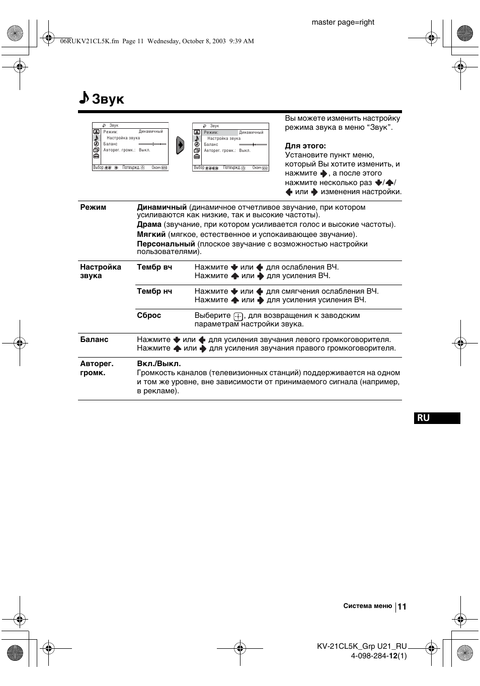 Звук | Sony KV-21CL5K User Manual | Page 101 / 128