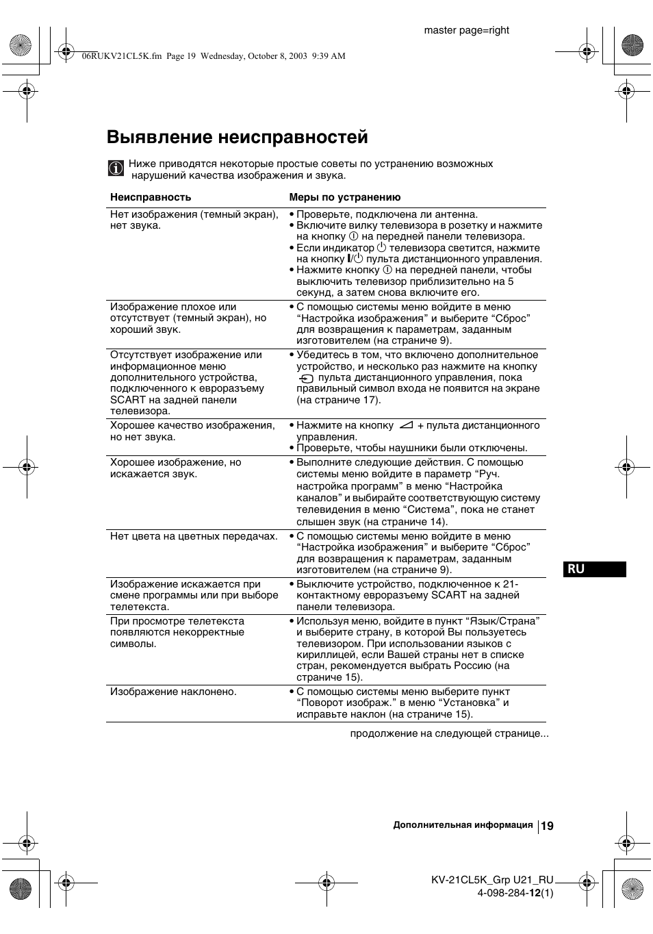 Выявлeниe нeисправностeй | Sony KV-21CL5K User Manual | Page 109 / 128