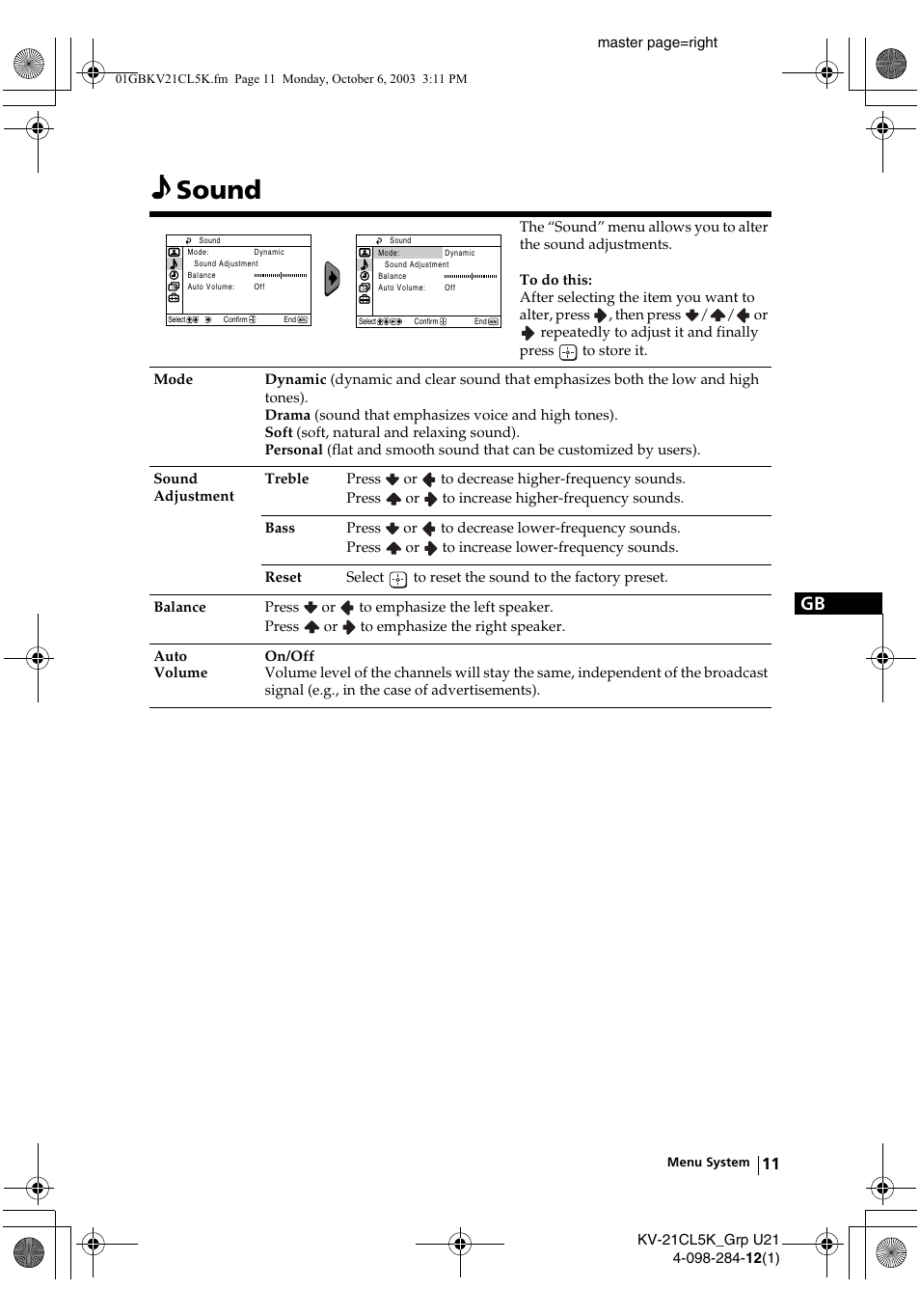 Sound | Sony KV-21CL5K User Manual | Page 11 / 128