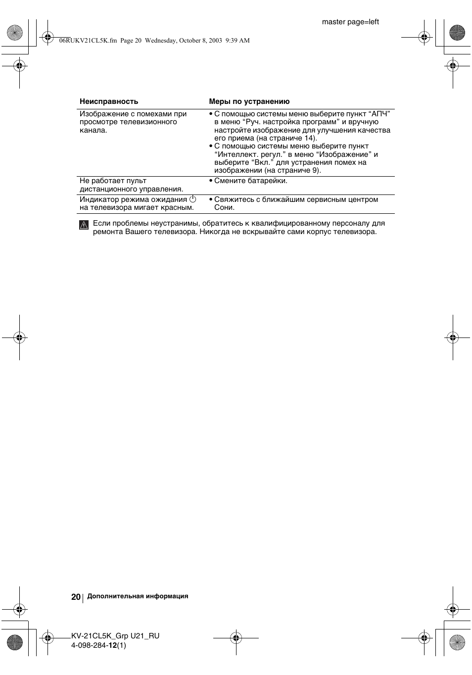 Sony KV-21CL5K User Manual | Page 110 / 128