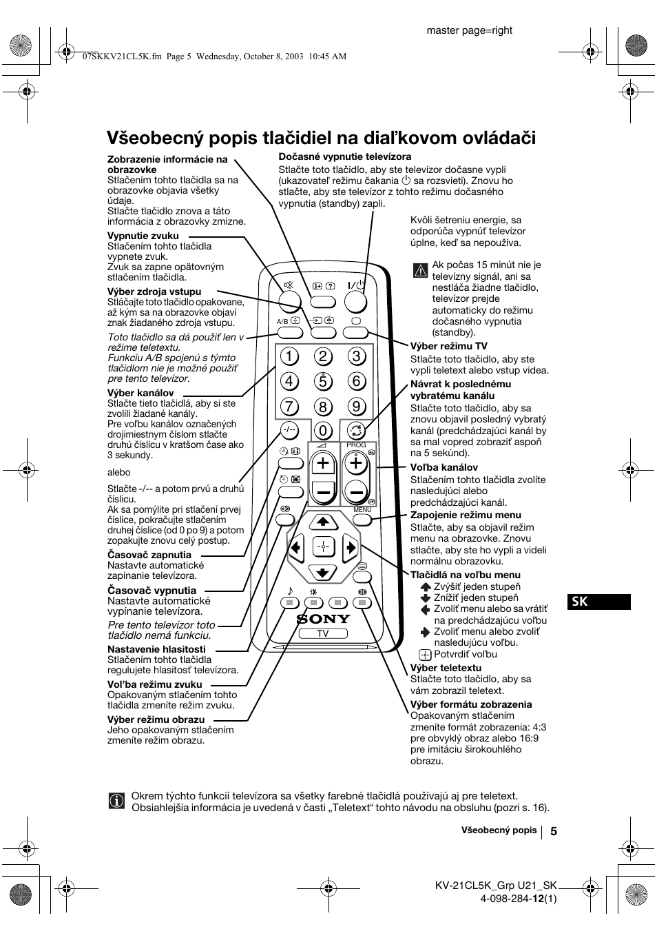 Všeobecný popis tlačidiel na dia kovom ovládači | Sony KV-21CL5K User Manual | Page 113 / 128