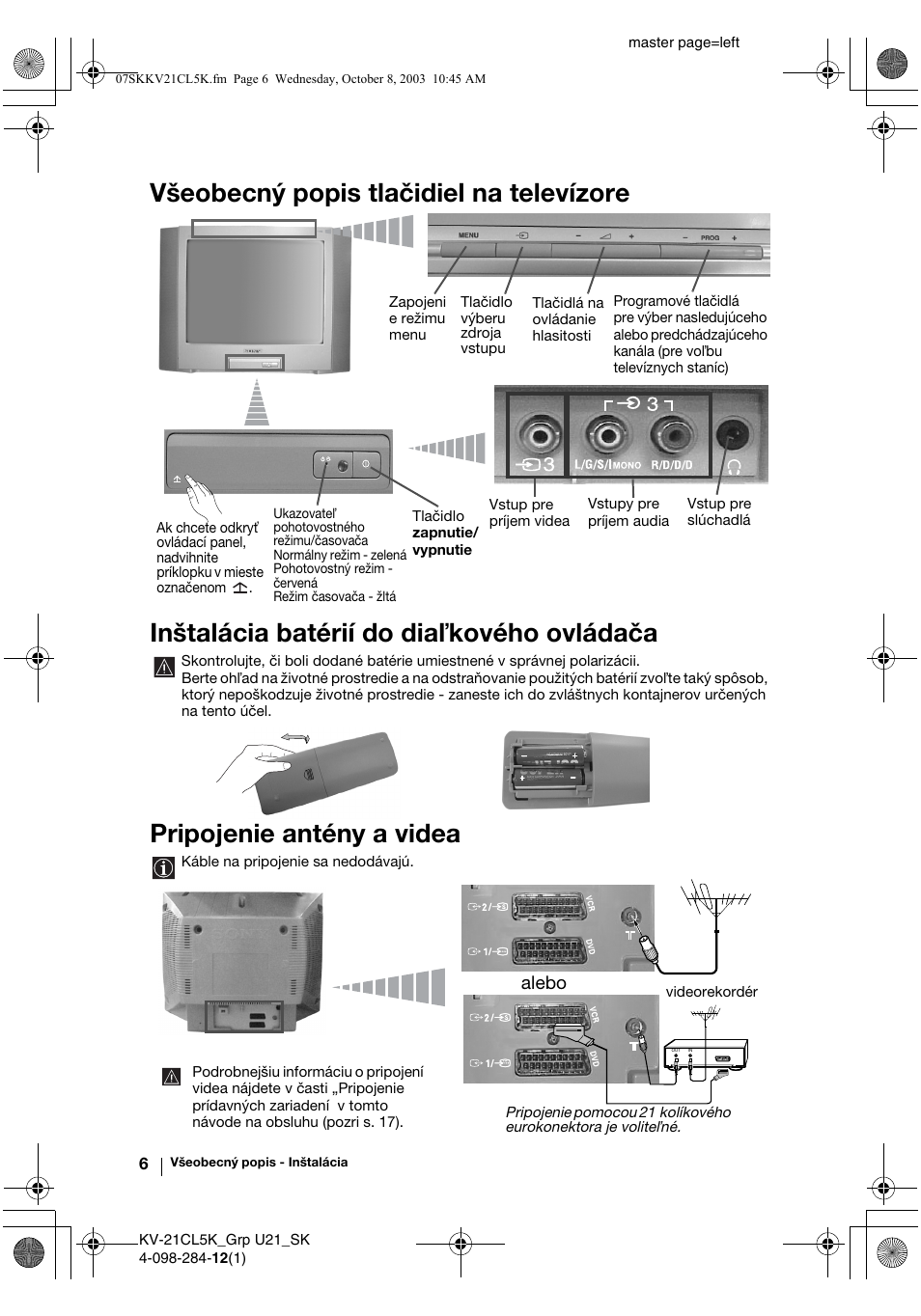 Pripojenie antény a videa, Alebo | Sony KV-21CL5K User Manual | Page 114 / 128