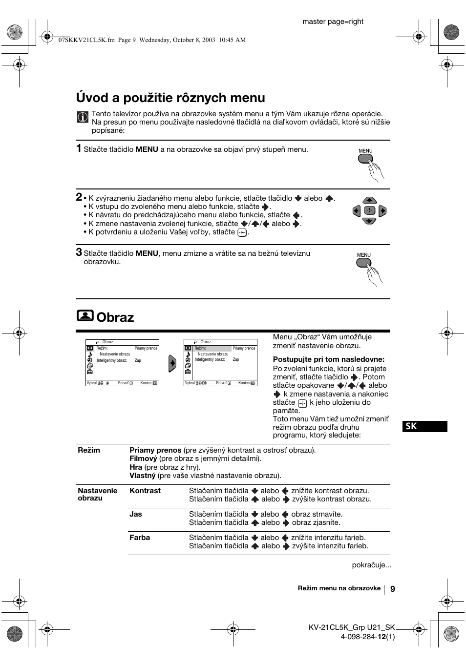 Úvod a použitie rôznych menu, Obraz | Sony KV-21CL5K User Manual | Page 117 / 128