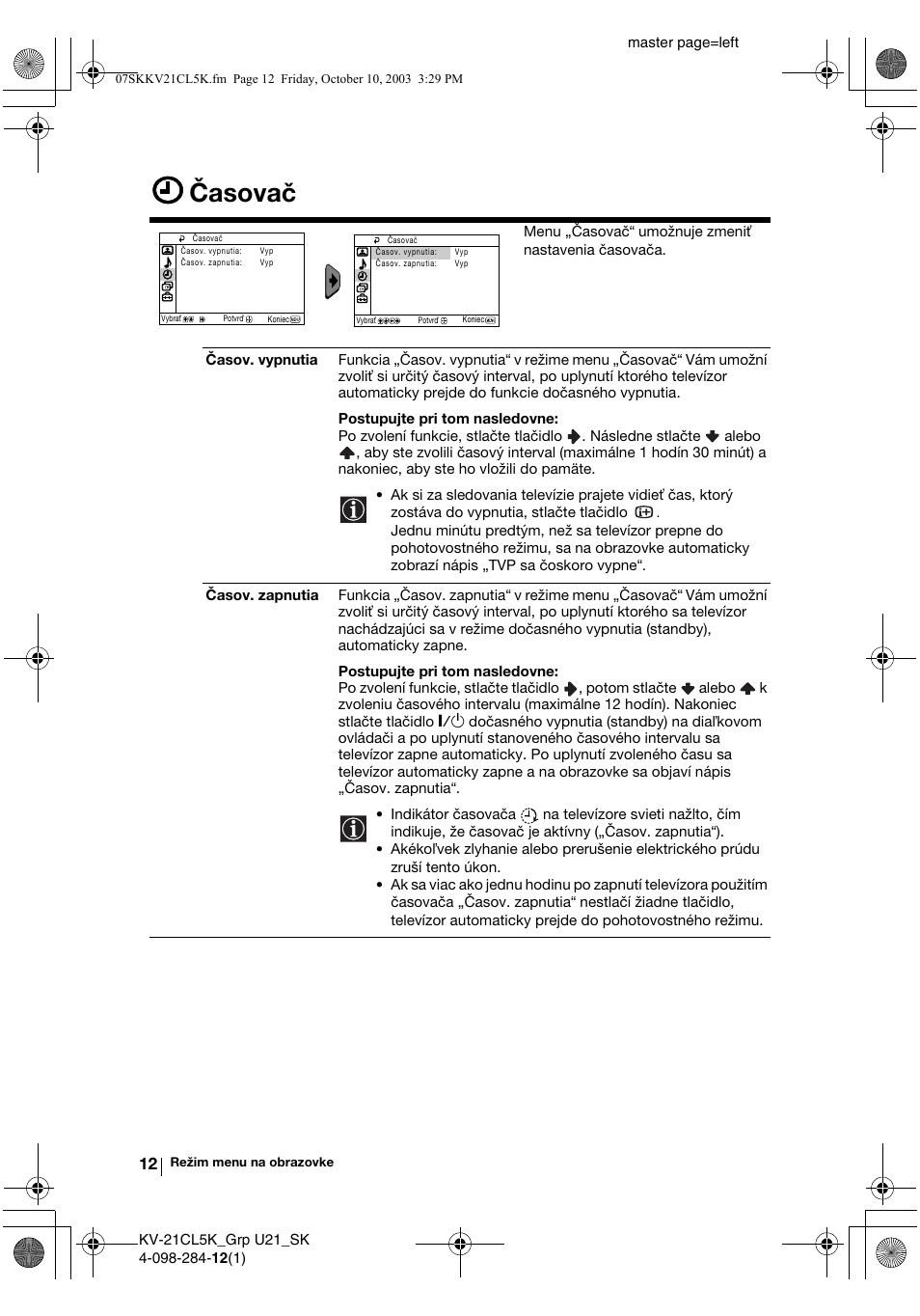Časovač | Sony KV-21CL5K User Manual | Page 120 / 128