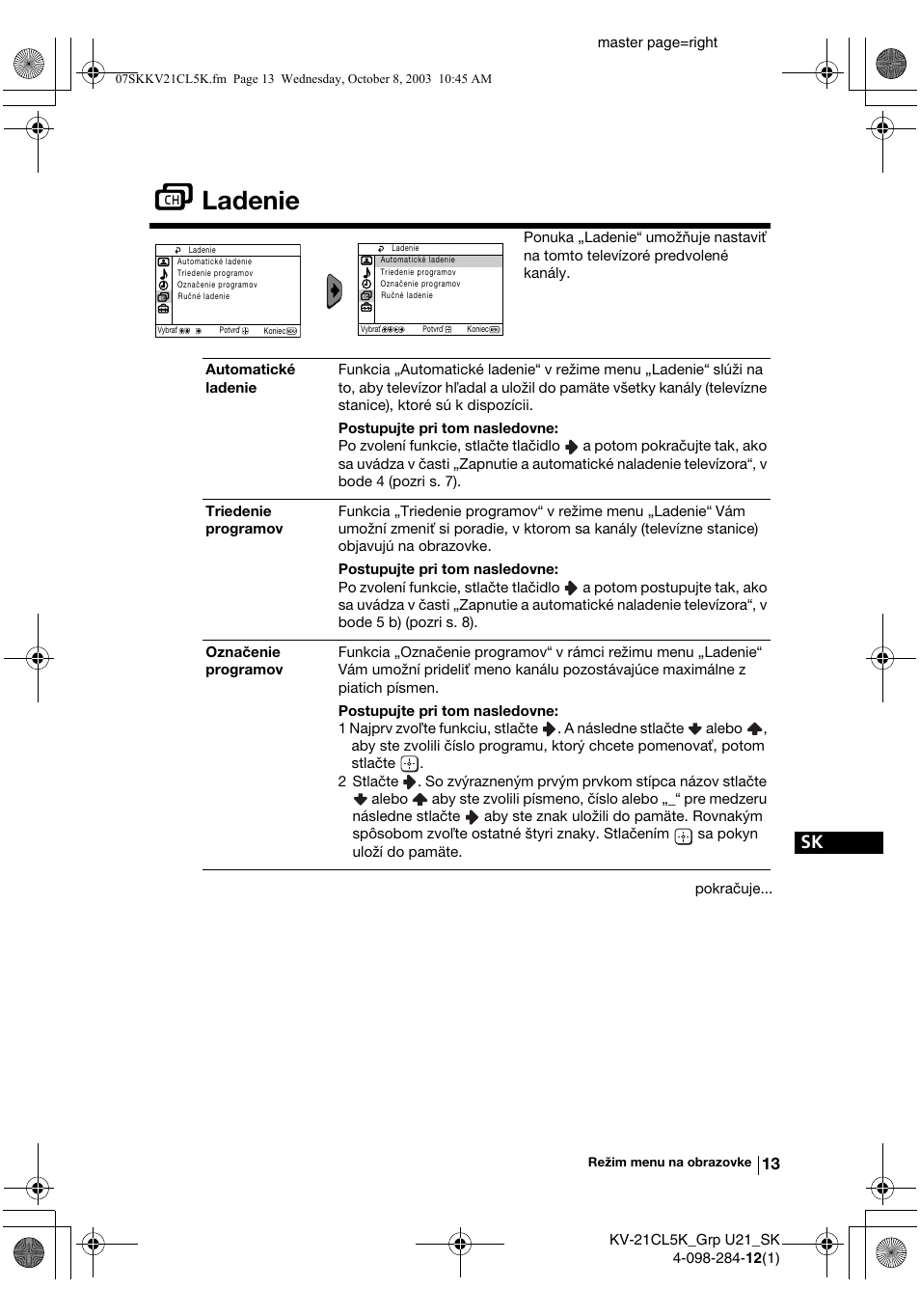 Ladenie | Sony KV-21CL5K User Manual | Page 121 / 128