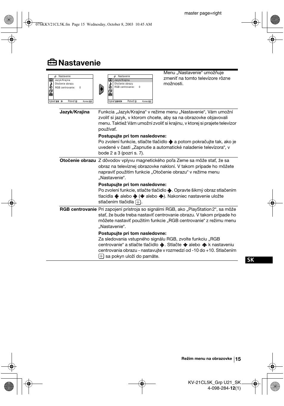 Nastavenie | Sony KV-21CL5K User Manual | Page 123 / 128