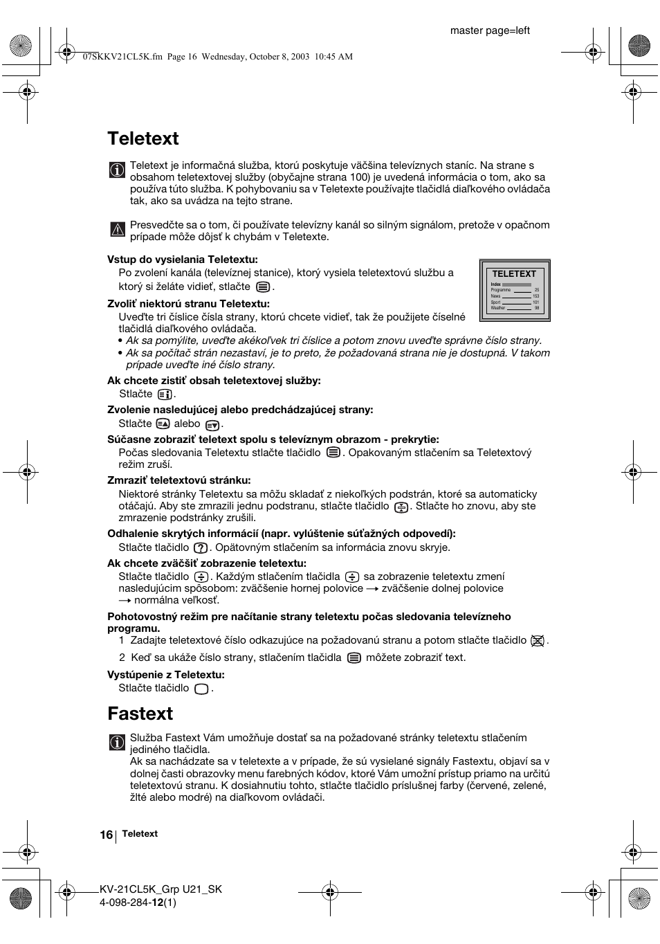 Teletext, Fastext | Sony KV-21CL5K User Manual | Page 124 / 128