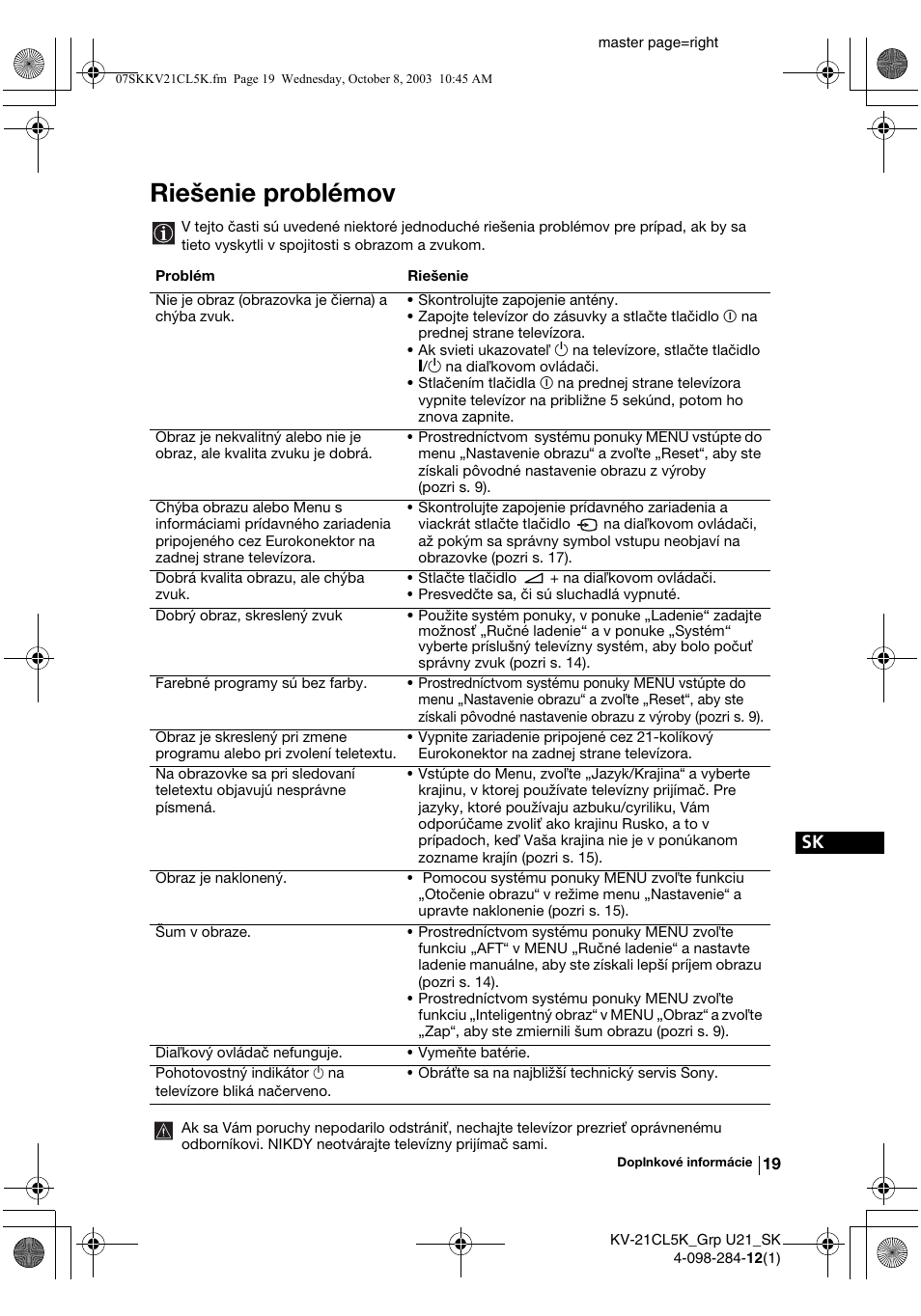 Riešenie problémov | Sony KV-21CL5K User Manual | Page 127 / 128