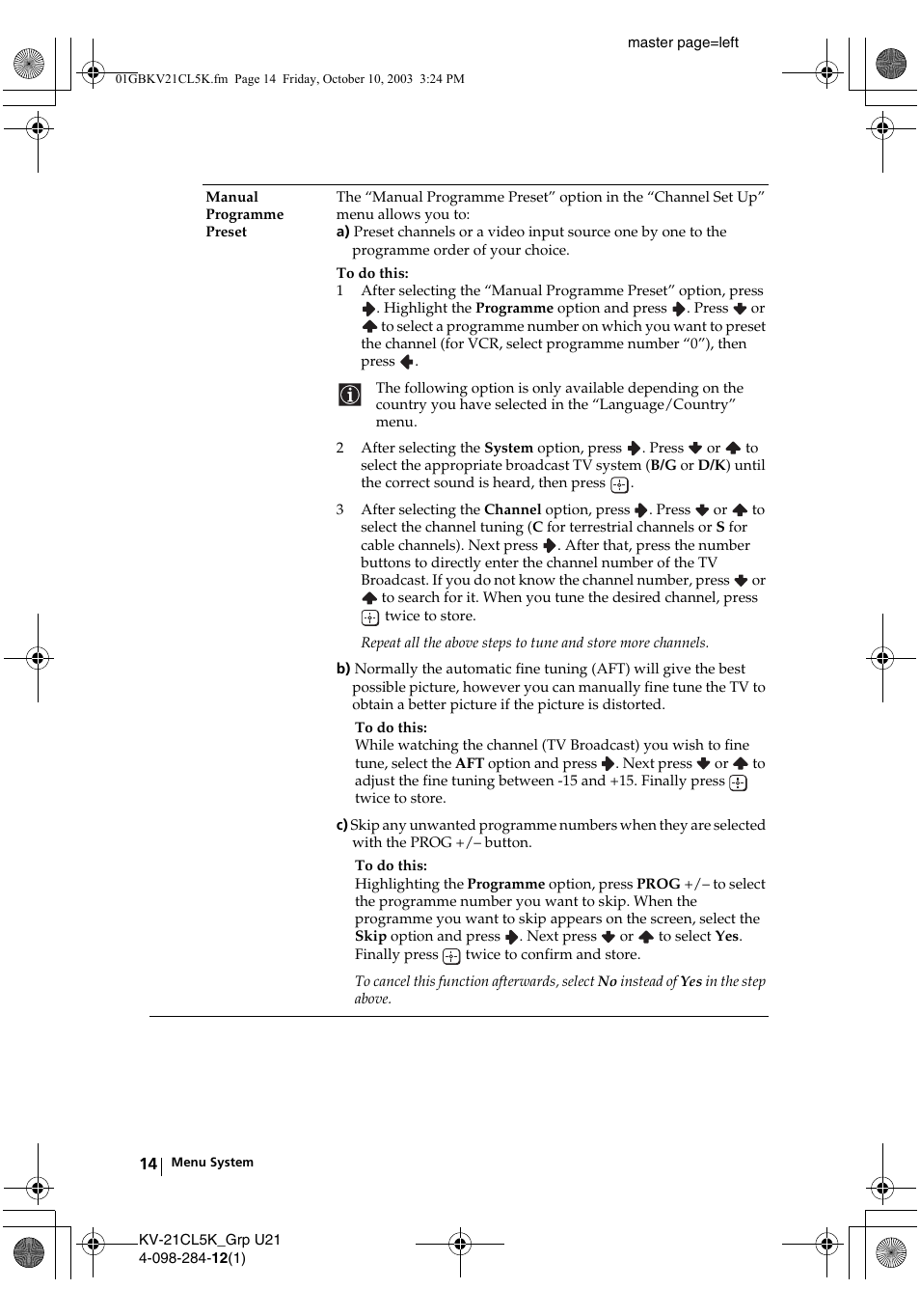 Sony KV-21CL5K User Manual | Page 14 / 128