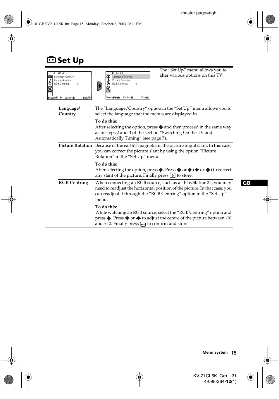 Set up | Sony KV-21CL5K User Manual | Page 15 / 128