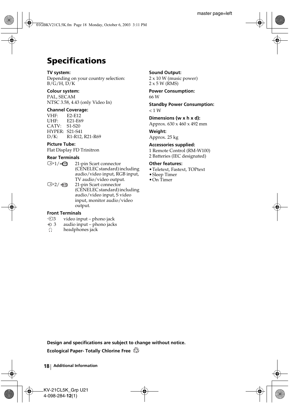 Specifications | Sony KV-21CL5K User Manual | Page 18 / 128