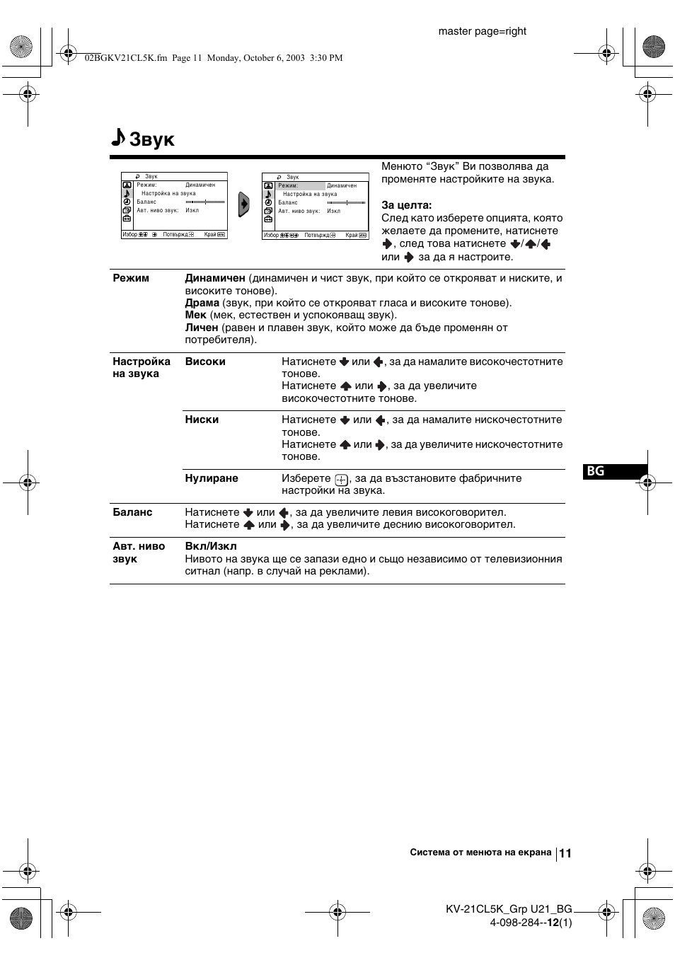 Звук | Sony KV-21CL5K User Manual | Page 29 / 128