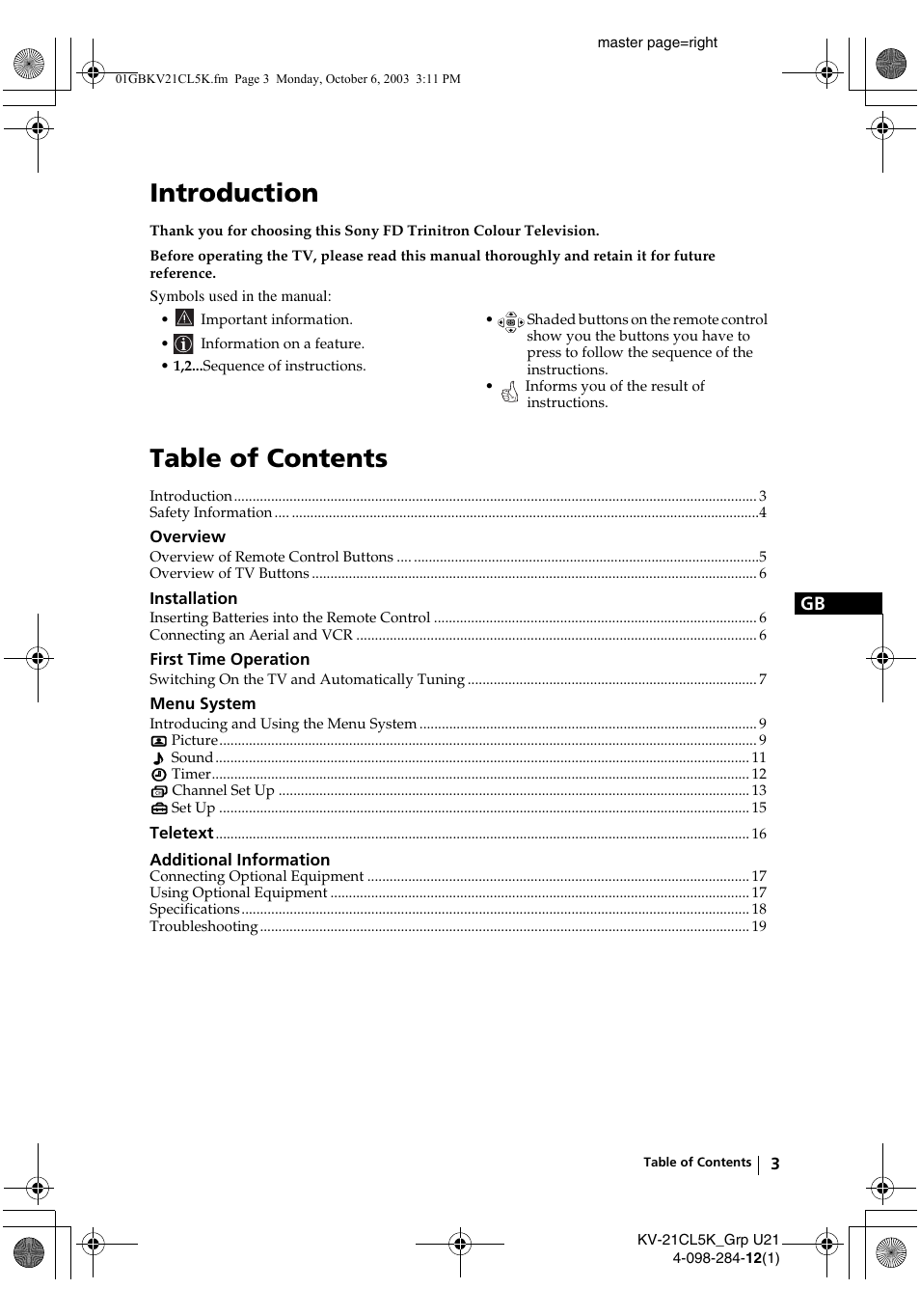 Sony KV-21CL5K User Manual | Page 3 / 128