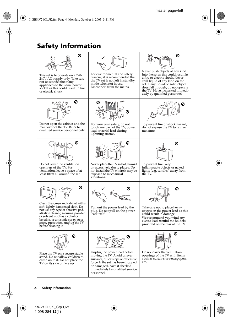 Safety information | Sony KV-21CL5K User Manual | Page 4 / 128