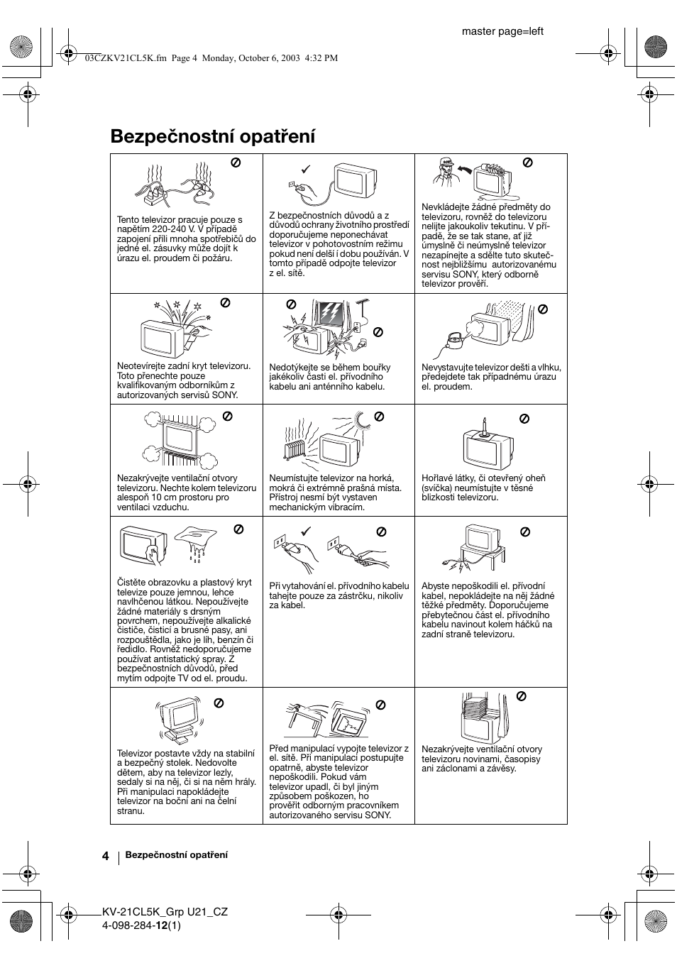 Bezpečnostní opatření | Sony KV-21CL5K User Manual | Page 40 / 128