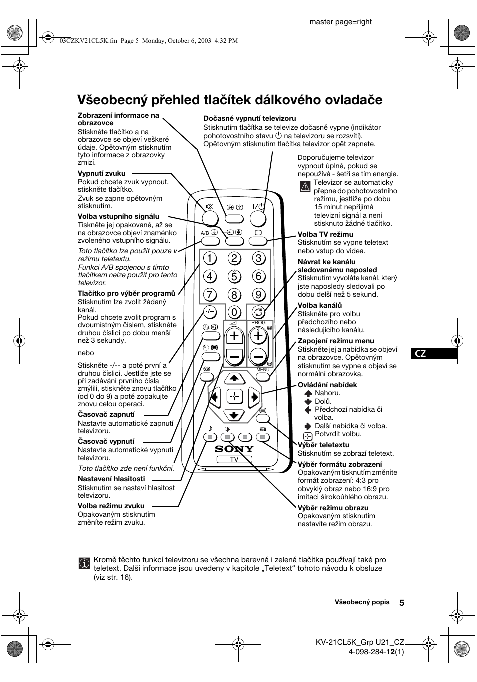 Všeobecný přehled tlačítek dálkového ovladače | Sony KV-21CL5K User Manual | Page 41 / 128