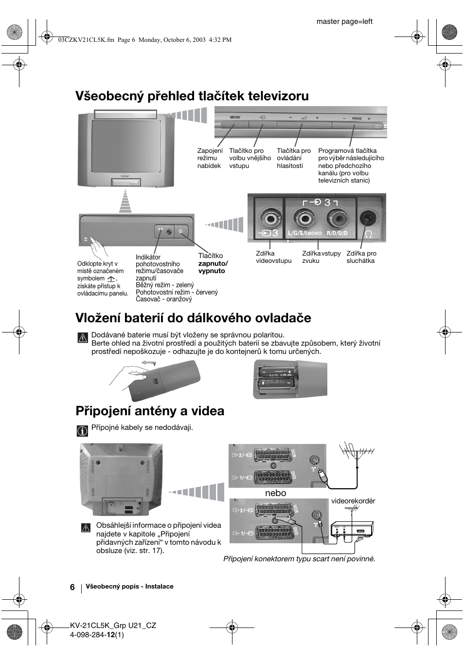 Připojení antény a videa, Nebo | Sony KV-21CL5K User Manual | Page 42 / 128