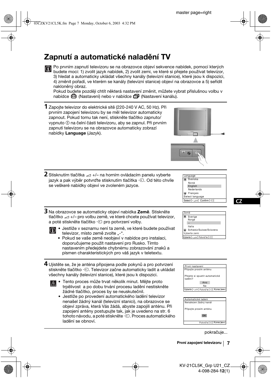 Zapnutí a automatické naladění tv | Sony KV-21CL5K User Manual | Page 43 / 128