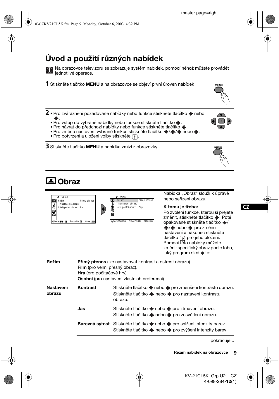 Úvod a použití různých nabídek, Obraz | Sony KV-21CL5K User Manual | Page 45 / 128