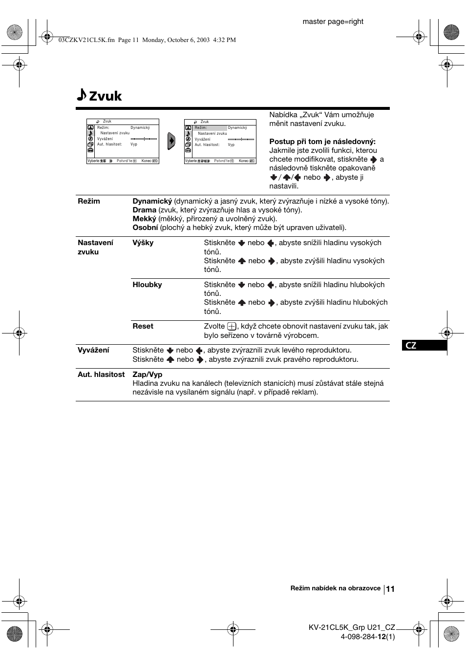 Zvuk | Sony KV-21CL5K User Manual | Page 47 / 128