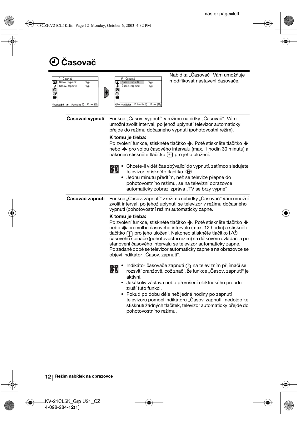Časovač | Sony KV-21CL5K User Manual | Page 48 / 128