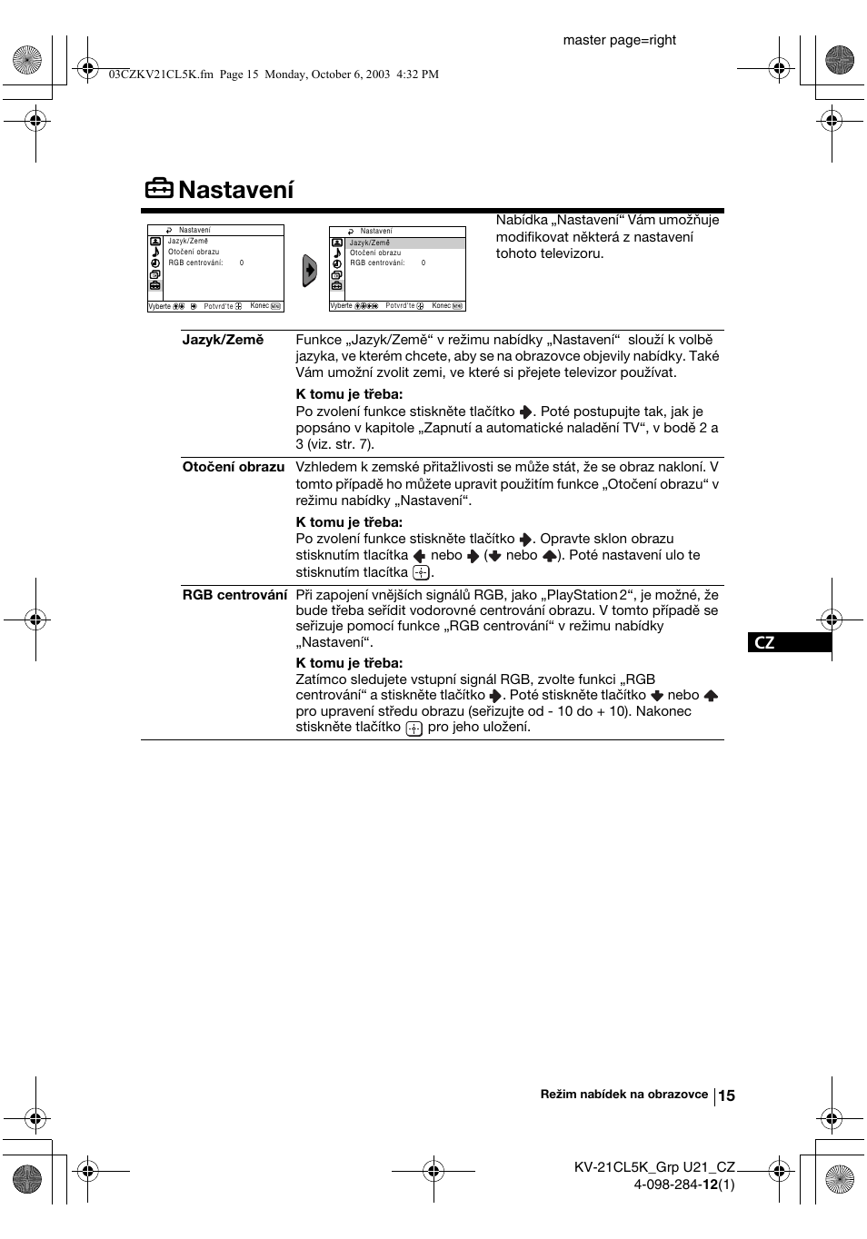 Nastavení | Sony KV-21CL5K User Manual | Page 51 / 128