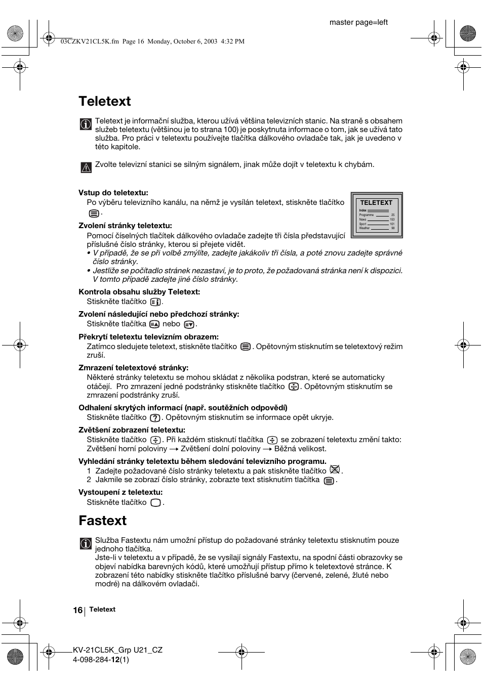 Teletext, Fastext | Sony KV-21CL5K User Manual | Page 52 / 128