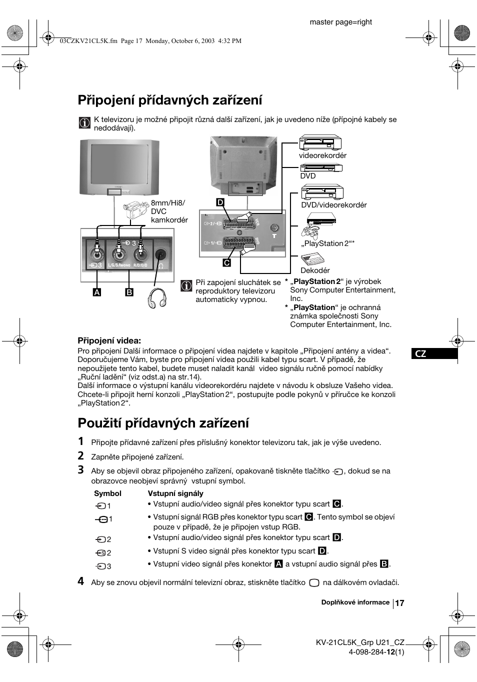 Připojení přídavných zařízení, Použití přídavných zařízení | Sony KV-21CL5K User Manual | Page 53 / 128