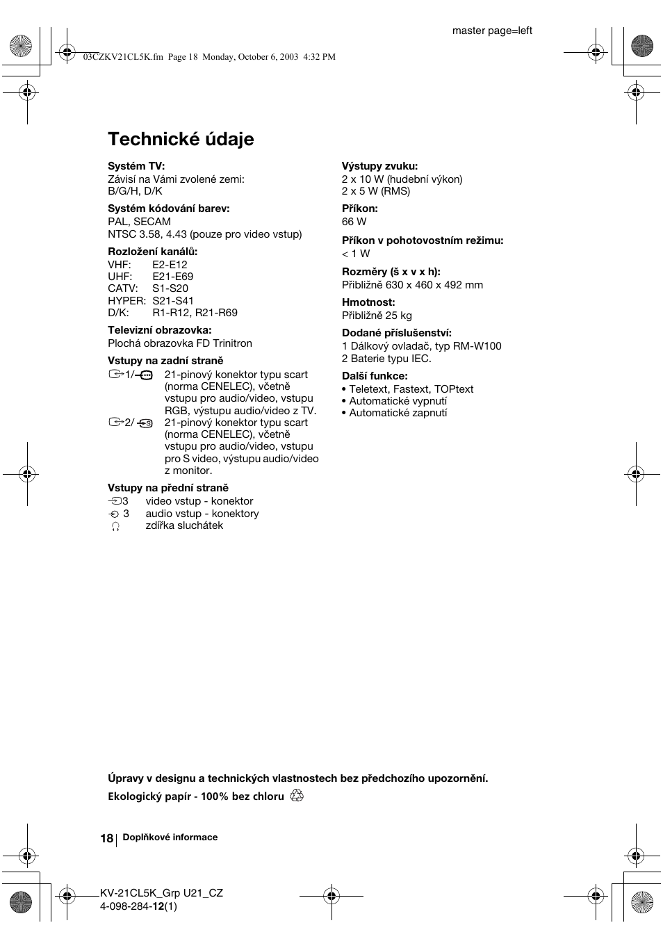 Technické údaje | Sony KV-21CL5K User Manual | Page 54 / 128