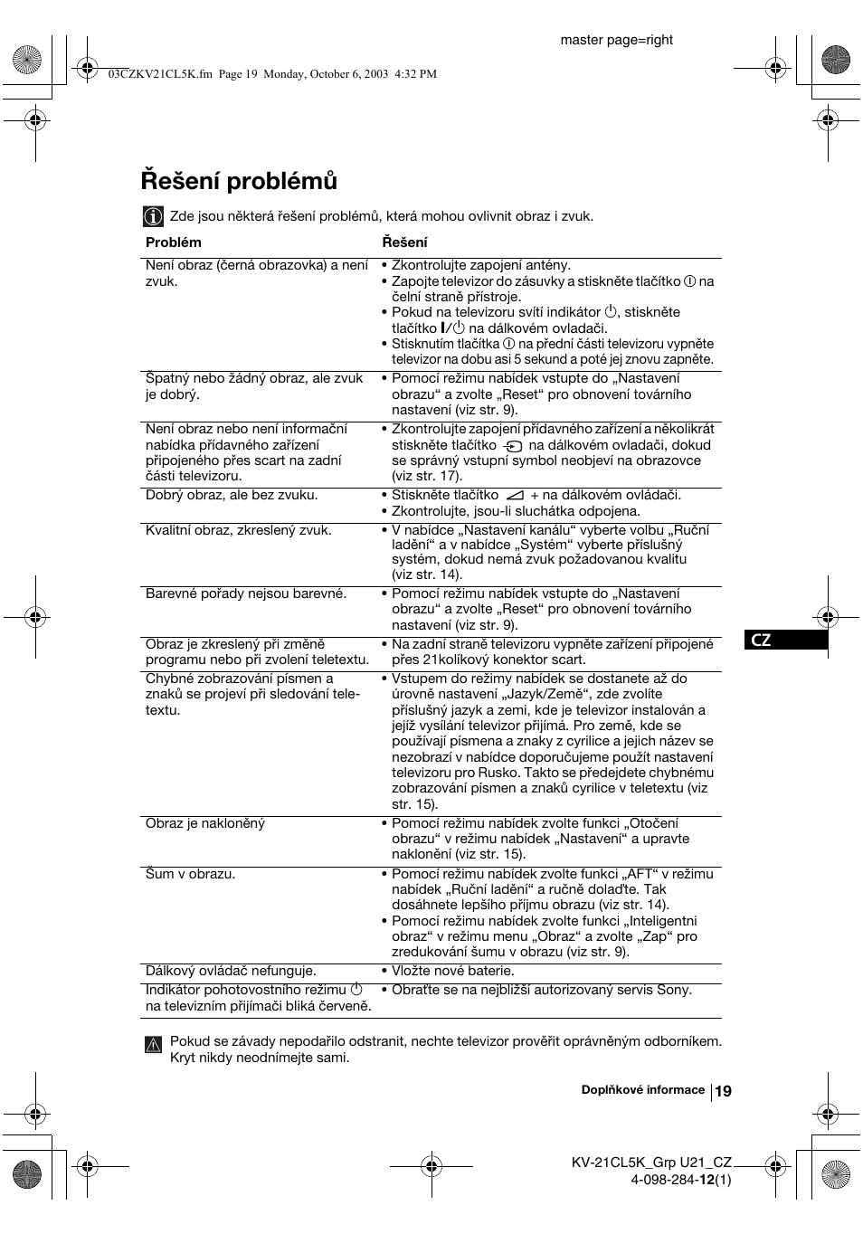 Řešení problémů | Sony KV-21CL5K User Manual | Page 55 / 128