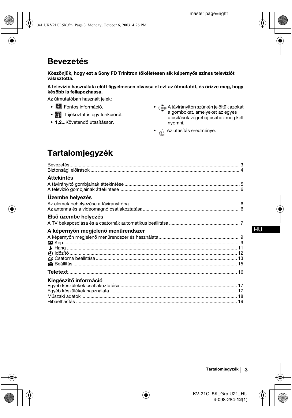 Bevezetés, Tartalomjegyzék | Sony KV-21CL5K User Manual | Page 57 / 128