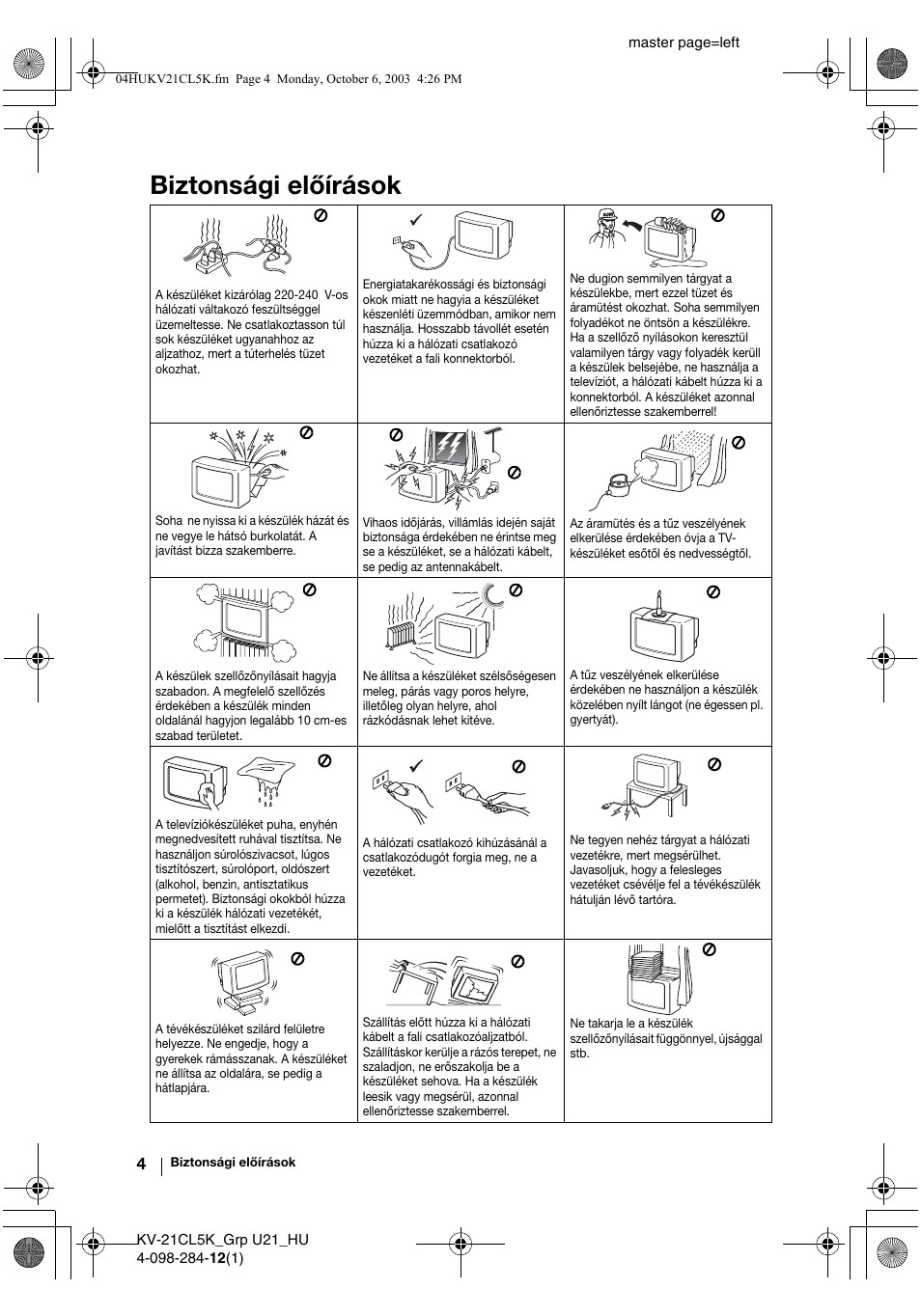 Biztonsági előírások | Sony KV-21CL5K User Manual | Page 58 / 128