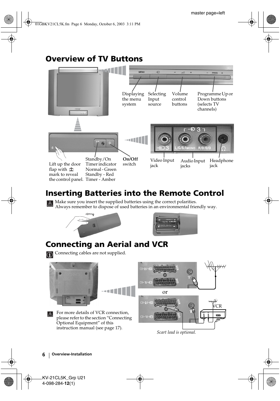 Connecting an aerial and vcr | Sony KV-21CL5K User Manual | Page 6 / 128