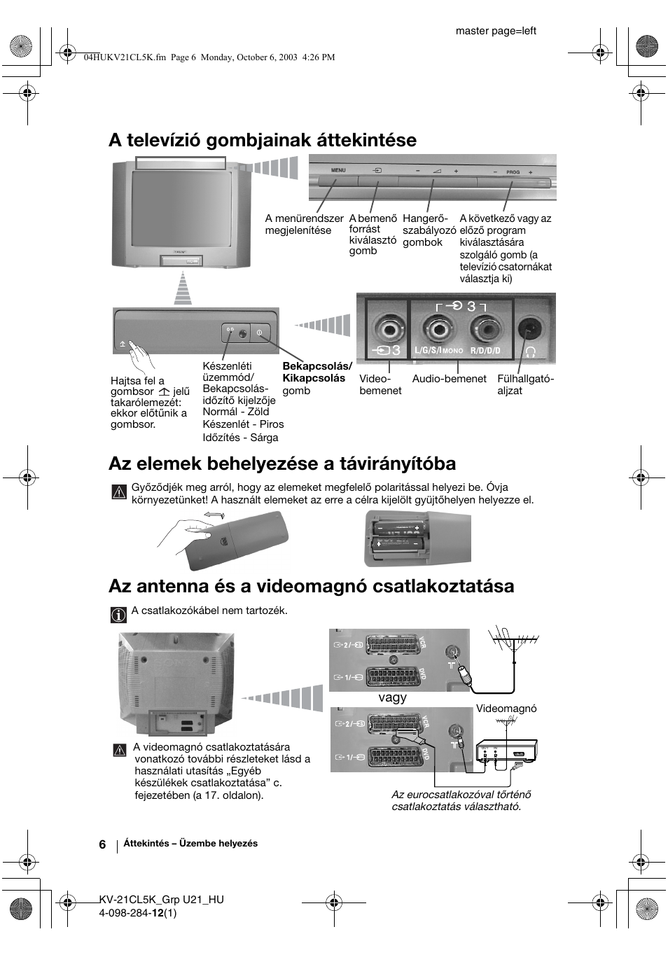 Az antenna és a videomagnó csatlakoztatása, Vagy | Sony KV-21CL5K User Manual | Page 60 / 128