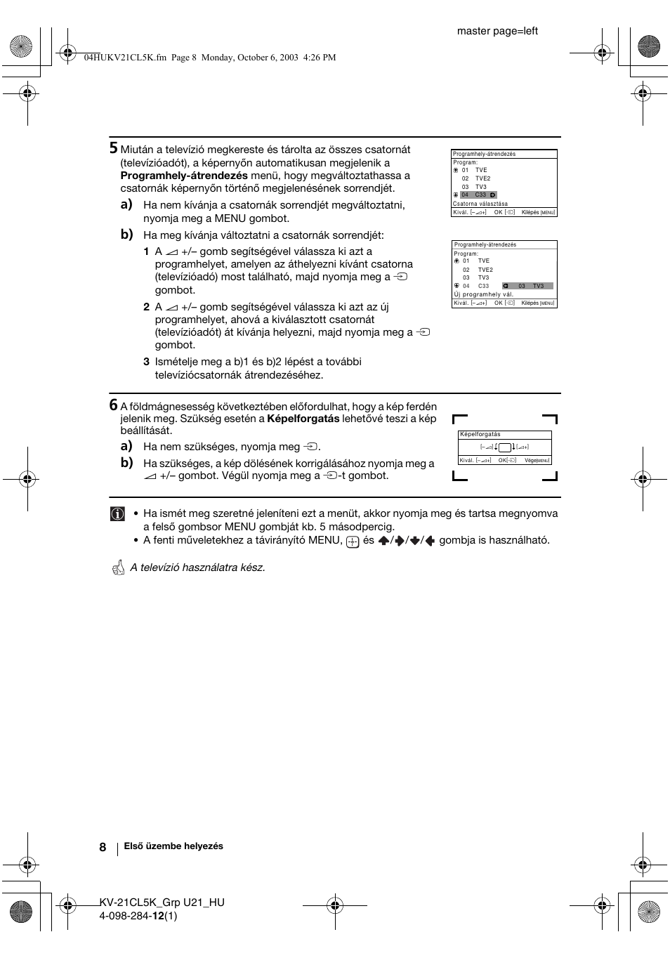 Master page=left, Ha nem szükséges, nyomja meg t | Sony KV-21CL5K User Manual | Page 62 / 128