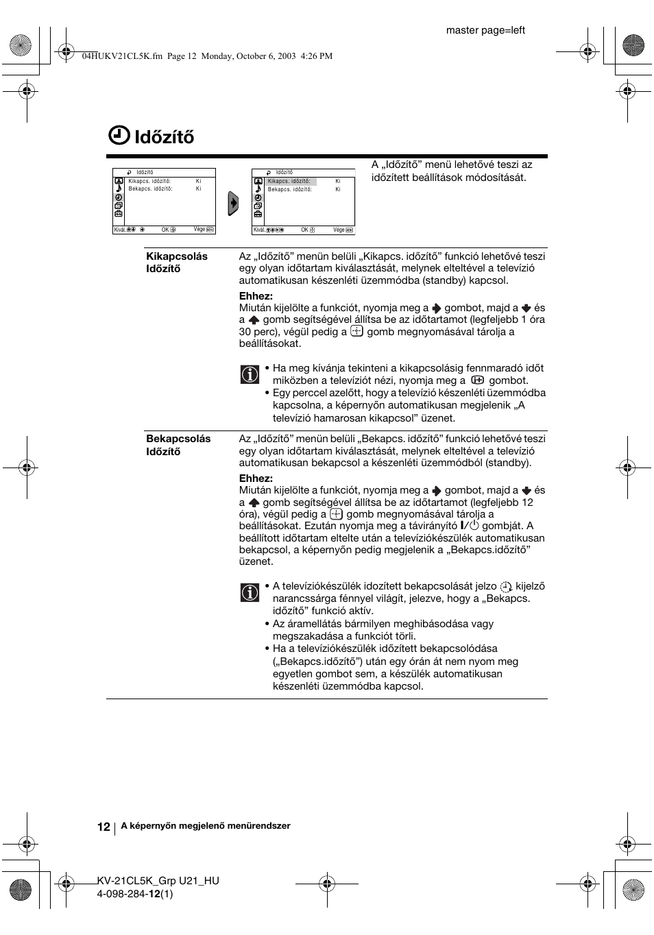 Időzítő | Sony KV-21CL5K User Manual | Page 66 / 128