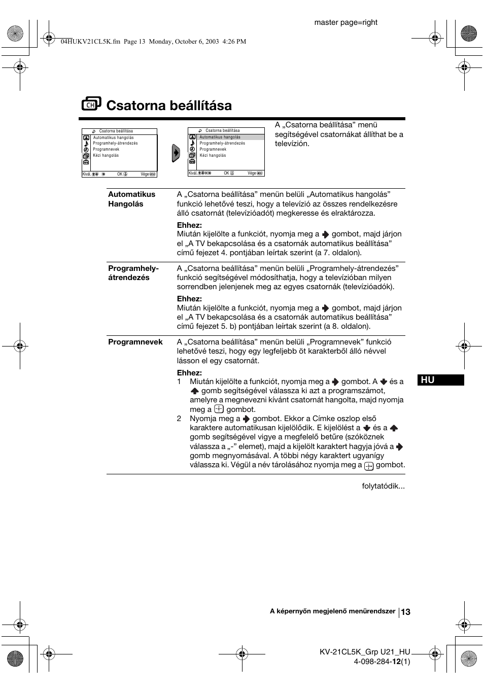 Csatorna beállítása | Sony KV-21CL5K User Manual | Page 67 / 128