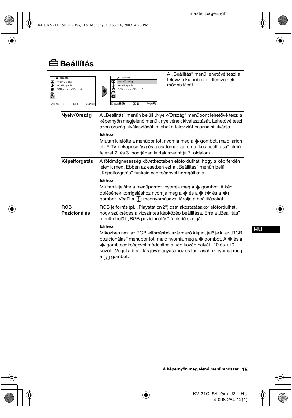 Beállítás | Sony KV-21CL5K User Manual | Page 69 / 128