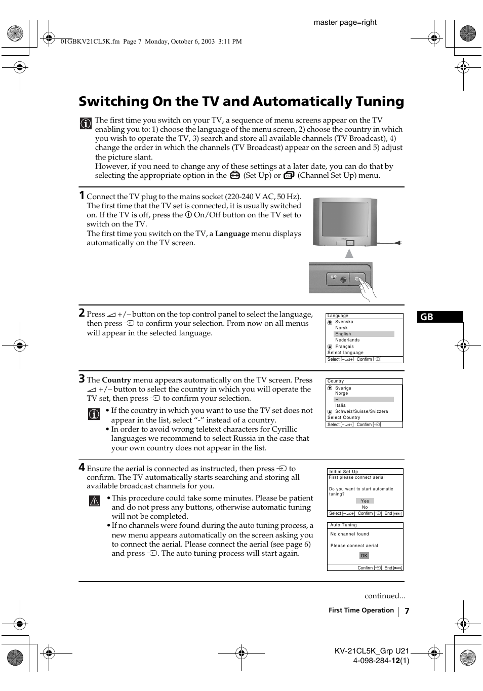 Switching on the tv and automatically tuning | Sony KV-21CL5K User Manual | Page 7 / 128