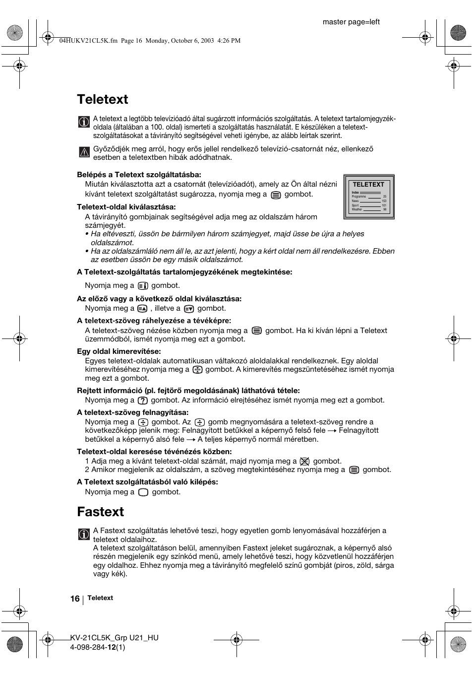 Teletext, Fastext | Sony KV-21CL5K User Manual | Page 70 / 128