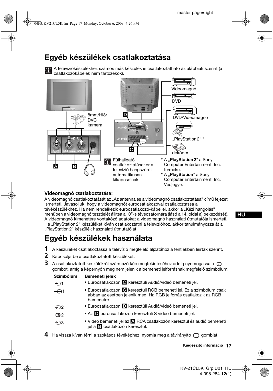 Egyéb készülékek csatlakoztatása, Egyéb készülékek használata | Sony KV-21CL5K User Manual | Page 71 / 128