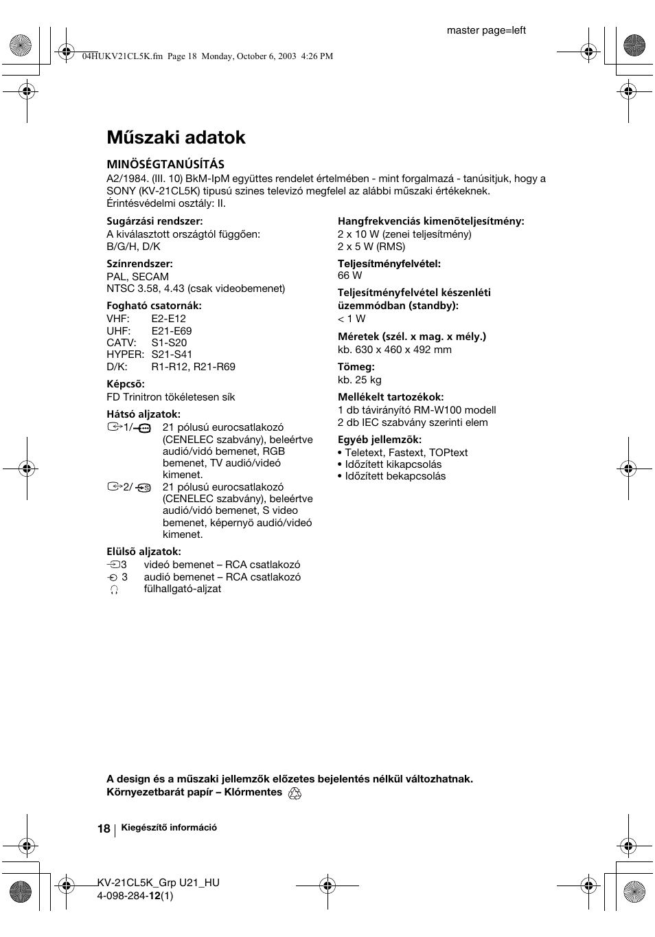 Műszaki adatok | Sony KV-21CL5K User Manual | Page 72 / 128