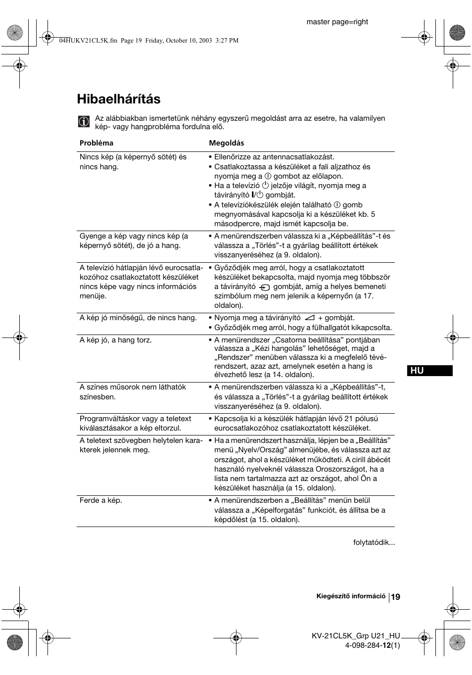 Hibaelhárítás | Sony KV-21CL5K User Manual | Page 73 / 128