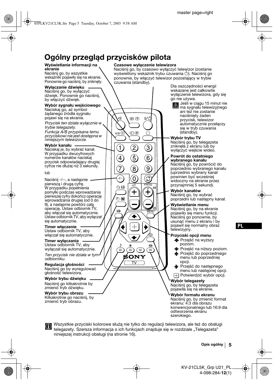 Ogólny przegląd przycisków pilota | Sony KV-21CL5K User Manual | Page 77 / 128