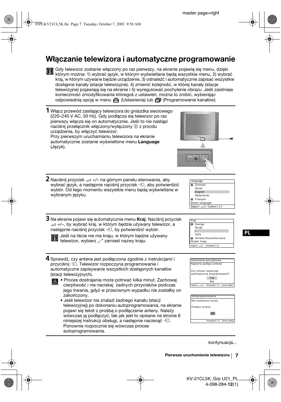 Włączanie telewizora i automatyczne programowanie | Sony KV-21CL5K User Manual | Page 79 / 128