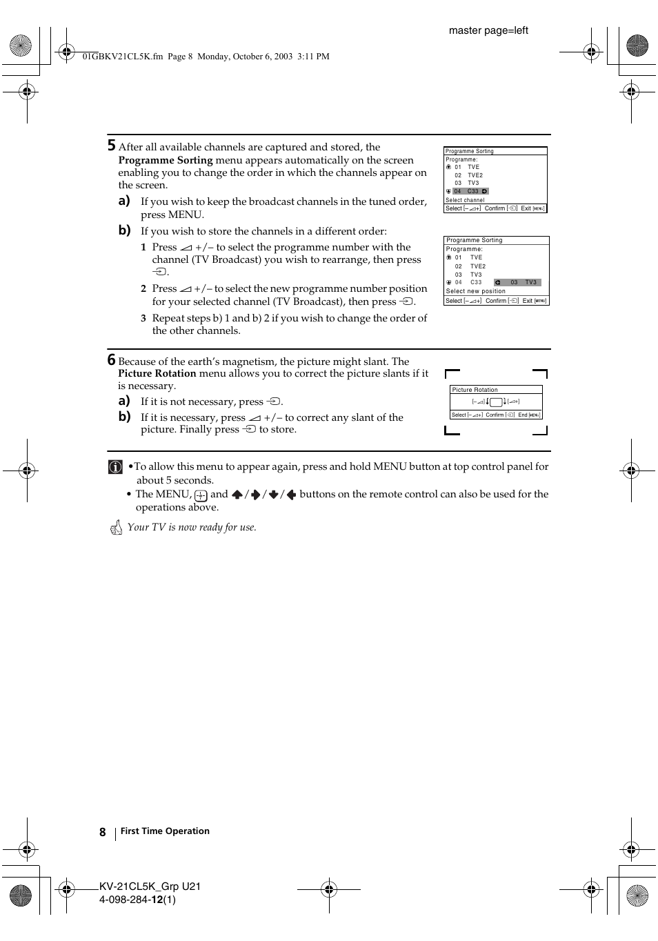 Sony KV-21CL5K User Manual | Page 8 / 128