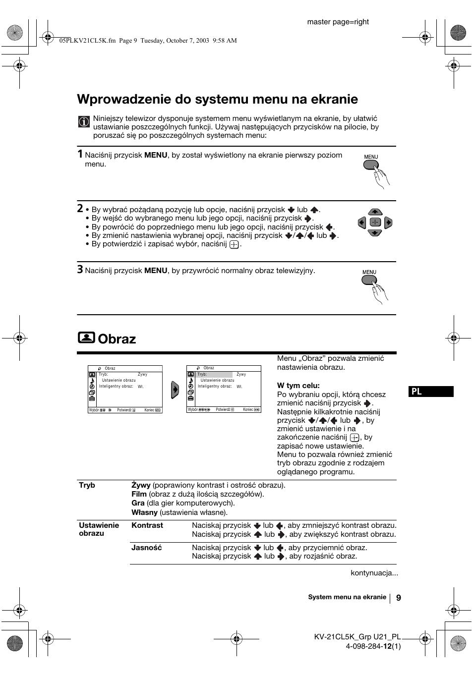 Wprowadzenie do systemu menu na ekranie, Obraz | Sony KV-21CL5K User Manual | Page 81 / 128